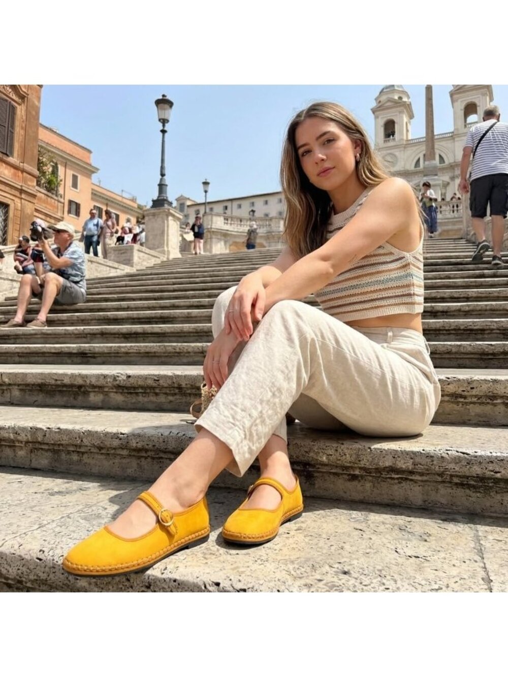 Women's Yellow Mary Jane Breathable Lightweight Adjustable Buckle Ballet Flats - Picture 5 of 7